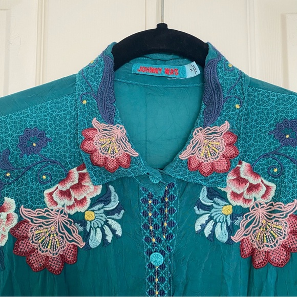 Johnny Was Mills Blouse Teal Button Floral Embroidered Long Sleeve Size Medium - Picture 3 of 6